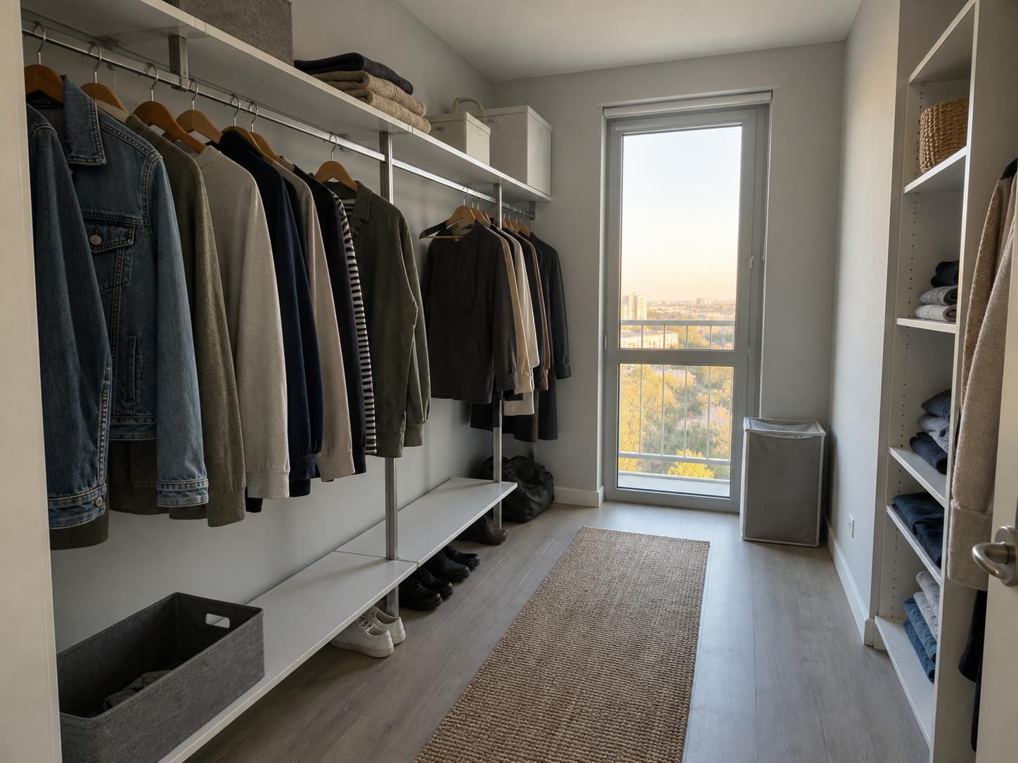 Narrow walk-in closet with open white shelving, metal rods, clothes hanging on wooden hangers and a window at the end