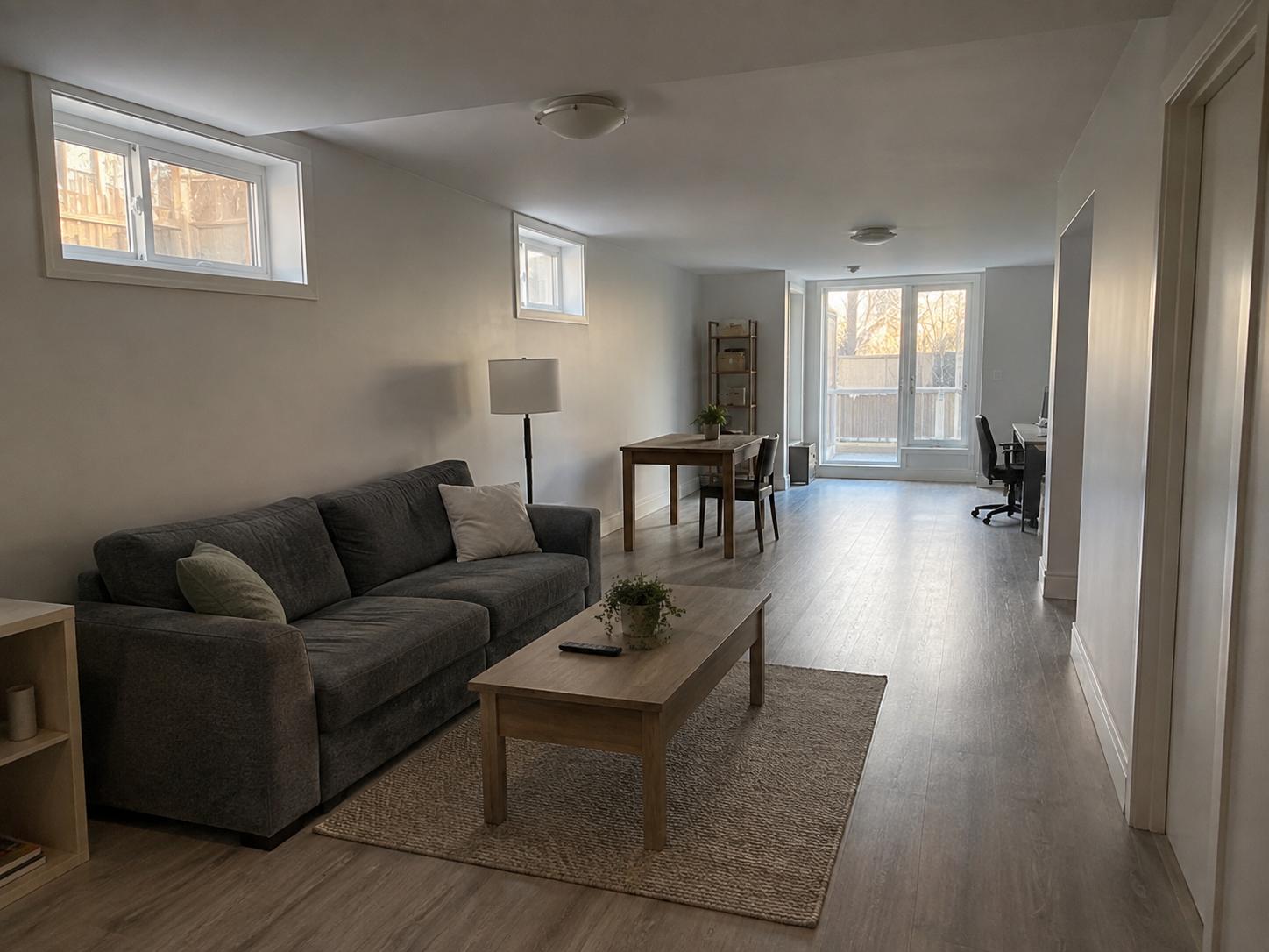 Long narrow basement living area with dark gray sofa, coffee table on jute rug, two small high windows and sliding glass door at far end.
