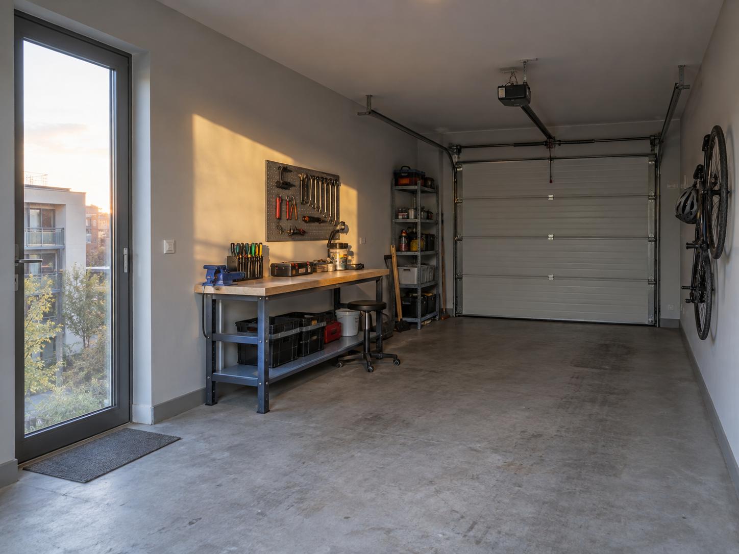 Apartment garage with metal workbench, pegboard, open shelving and bikes mounted on the right wall, concrete floor and large side glass door