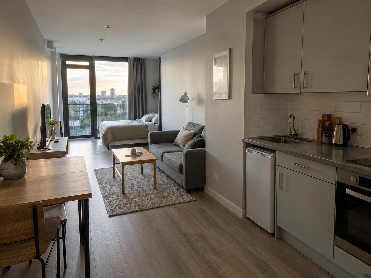 Studio apartment with gray sofa, small coffee table, bed by balcony, simple kitchenette and light wood floors.