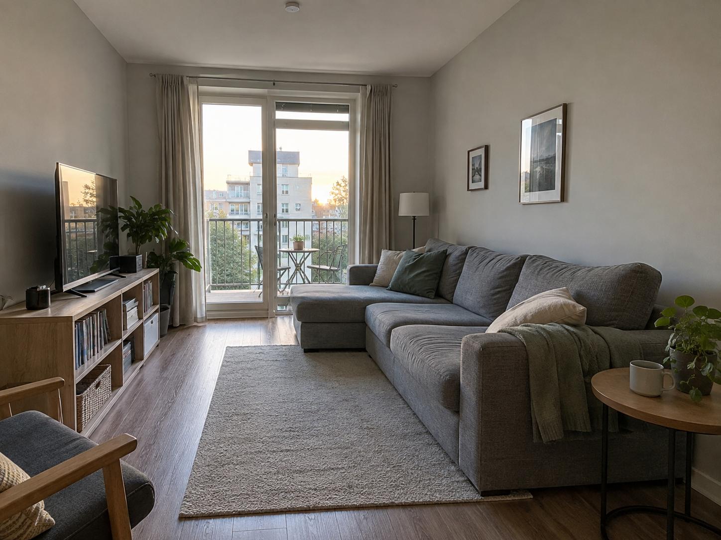 Compact living room with sectional sofa, low light-wood media cabinet, rug and balcony doors
