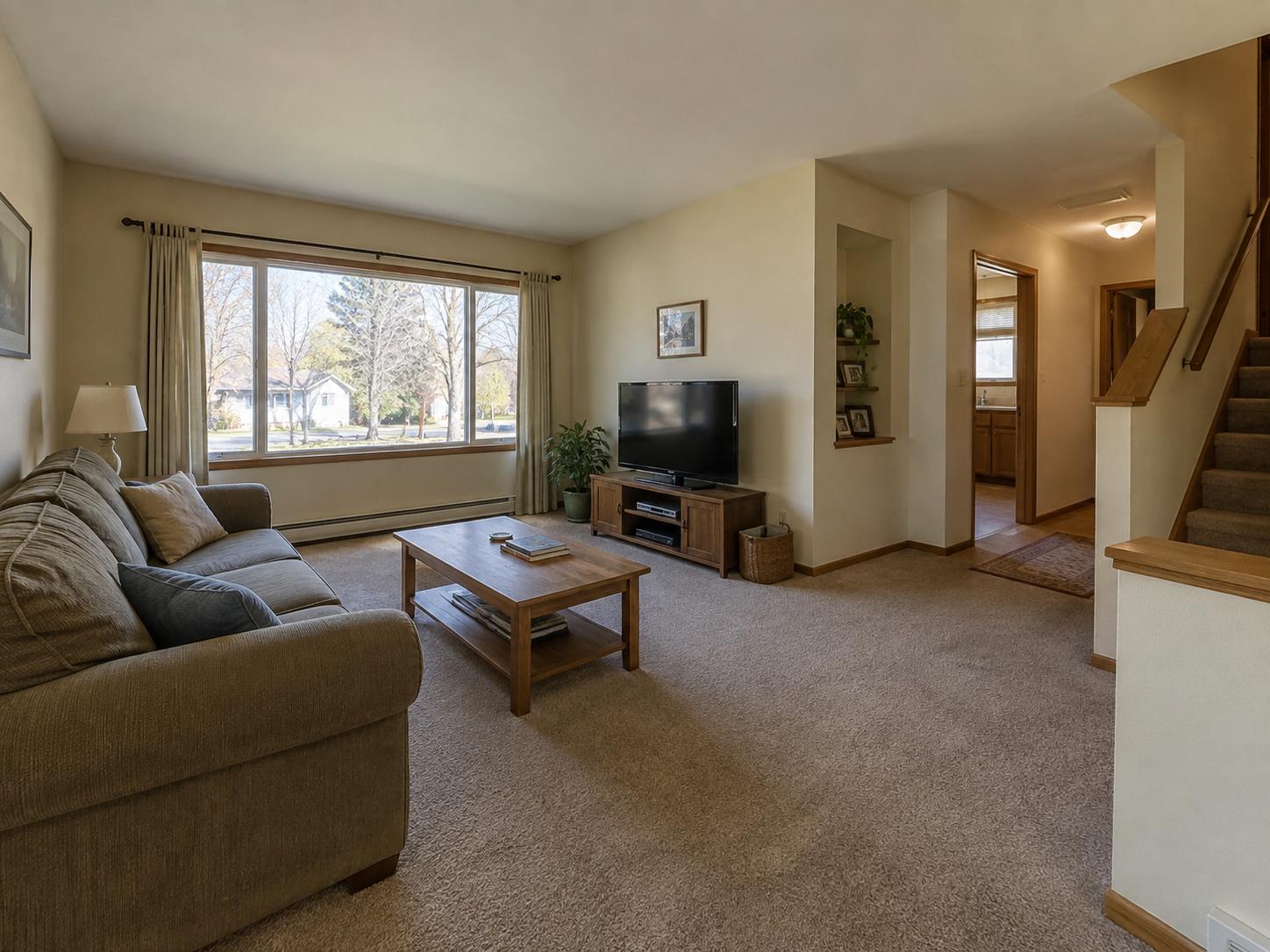 Modest split-level living room with a large front picture window, neutral sofa, low wooden coffee table, TV on a small media console, beige carpet.