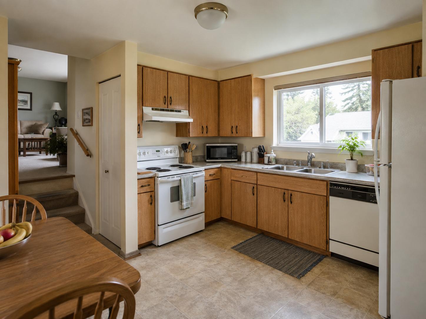 Modest L-shaped kitchen with medium oak cabinets, white range, dishwasher, double sink under a wide window and wooden dining table