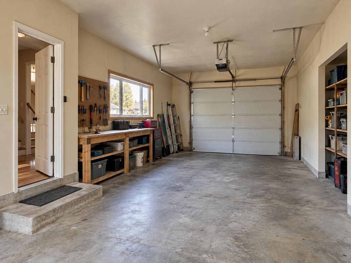 Split-level garage with wooden workbench under window, pegboard tools, ladder and open shelving, concrete floor