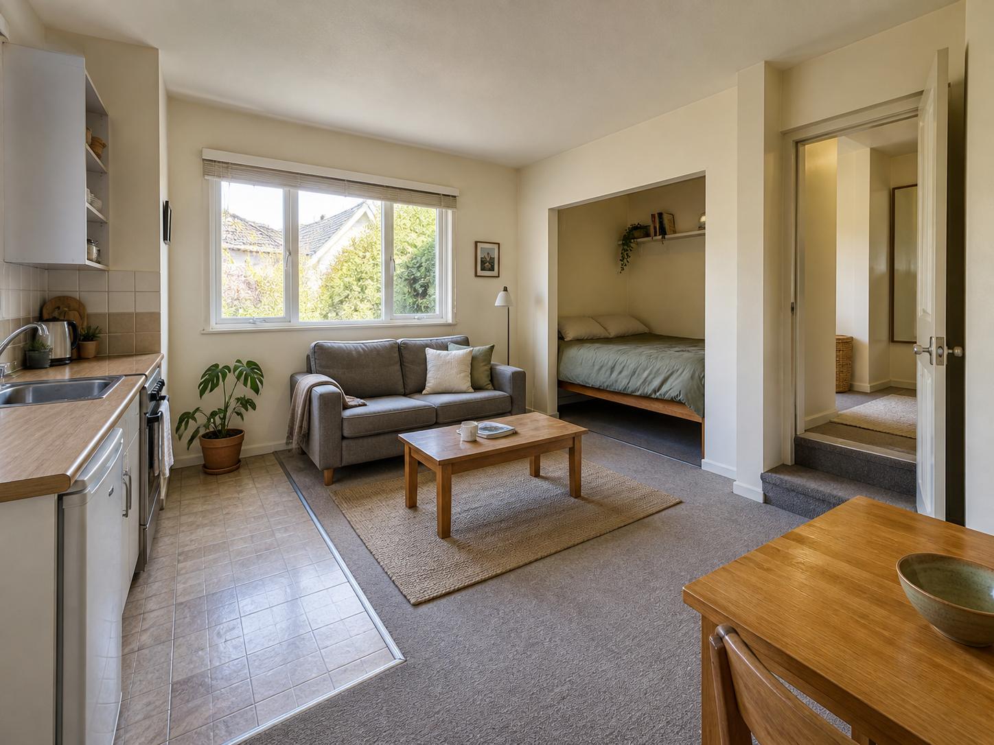 Studio living room with darker gray sofa, open bed alcove, coffee table on woven rug and kitchen run along left wall.