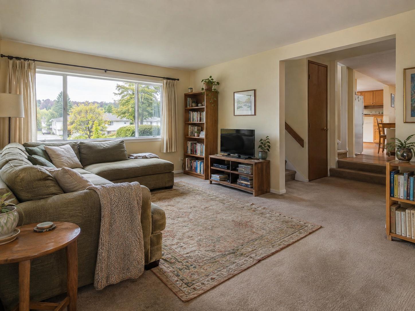 Family sitting room with green sectional, wooden TV stand, bookshelf and large front window in a split-level home