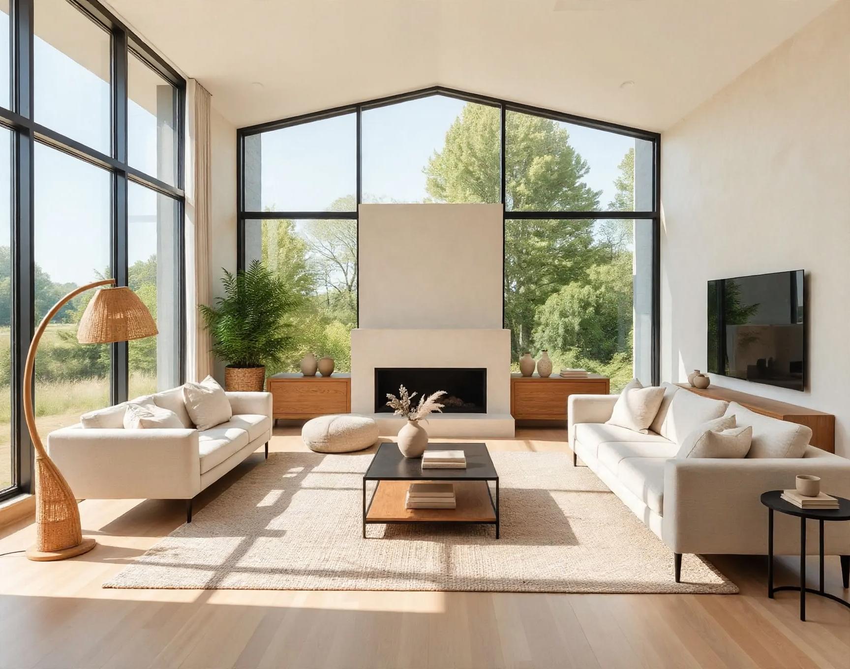 AI-concept living room with same pitched window and fireplace, added rattan arc floor lamp, low wooden consoles, woven pouf, wood-shelf coffee table and neutral ceramic vases.
