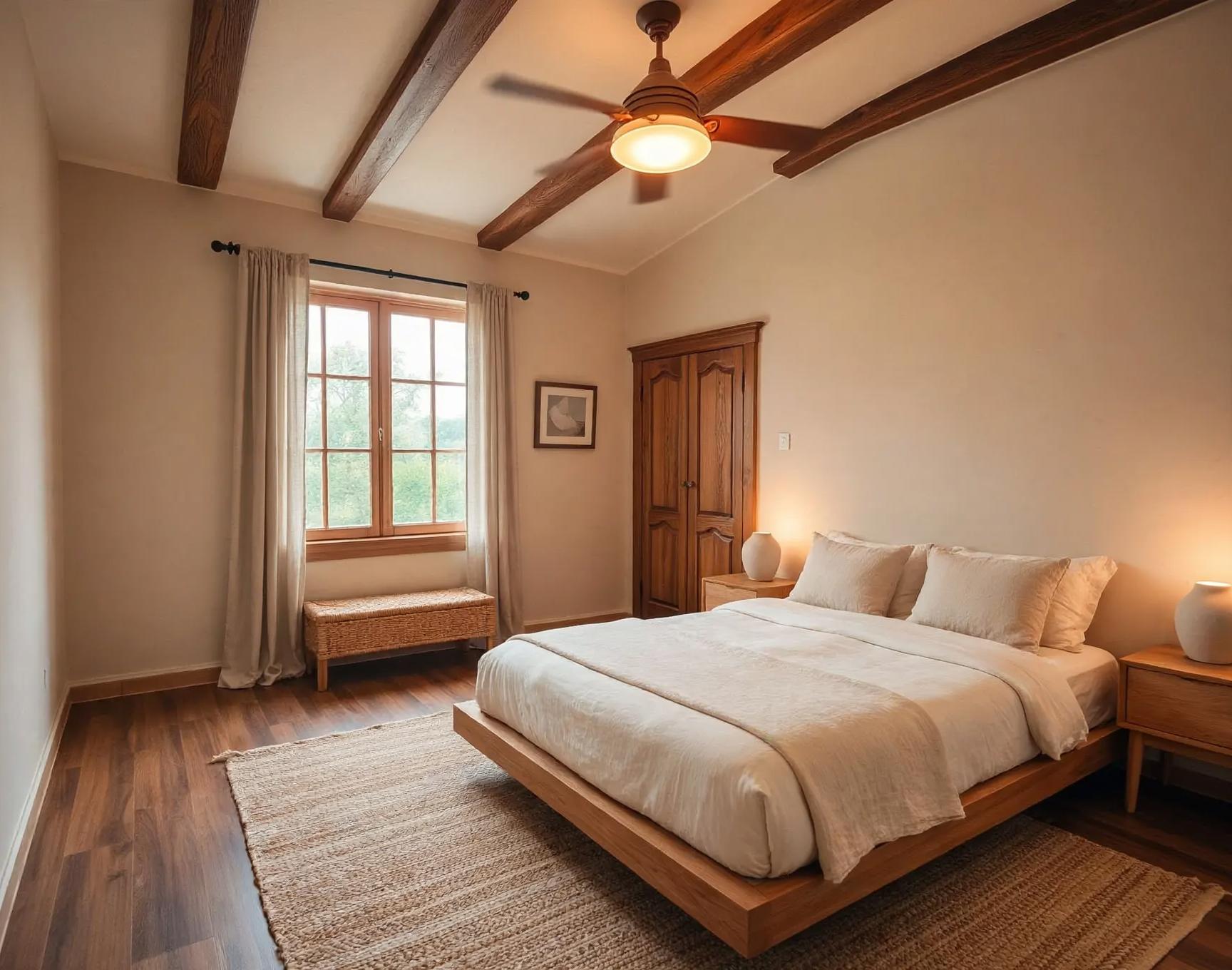 Same room with a low wooden platform bed, neutral linens, round ceramic lamps, woven bench under window and large jute rug.