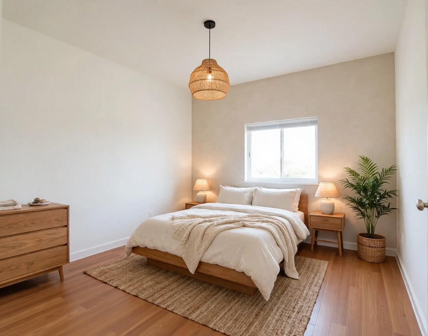 Japandi-styled bedroom with low wooden bed under window, jute rug, rattan pendant, bedside tables, dresser and potted plant