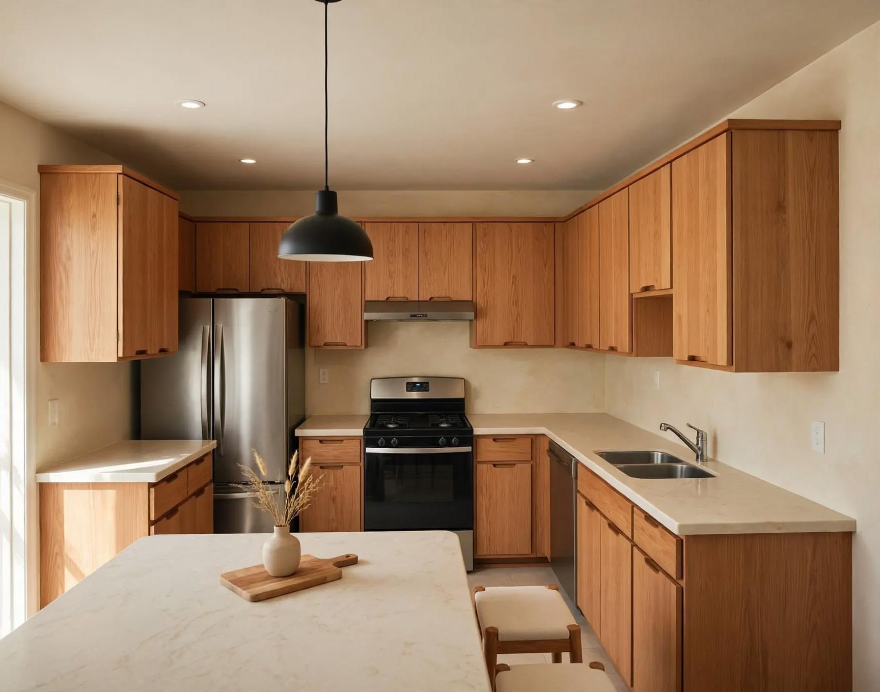 Japandi kitchen after AI virtual staging by Renovaitor: Floating oak cabinets and a soft pendant over the island