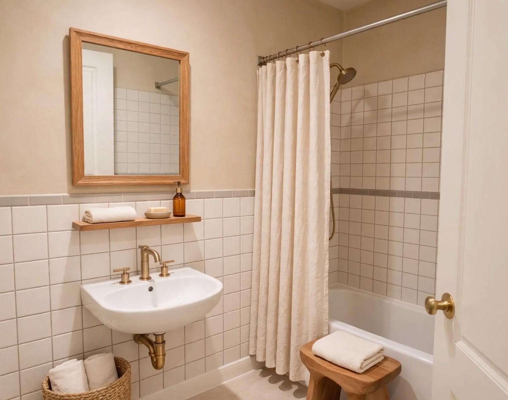 Same bathroom with oak-framed mirror, slim wood shelf, warm beige upper walls, cream shower curtain, brass fixtures and a woven towel basket