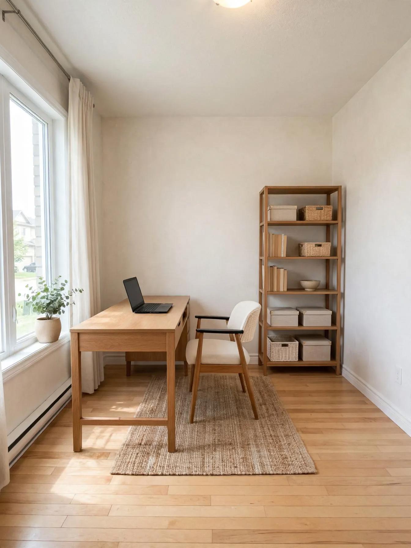 Japandi home office after AI virtual staging by Renovaitor: Large window, light wood desk and natural rug in a Japandi home office