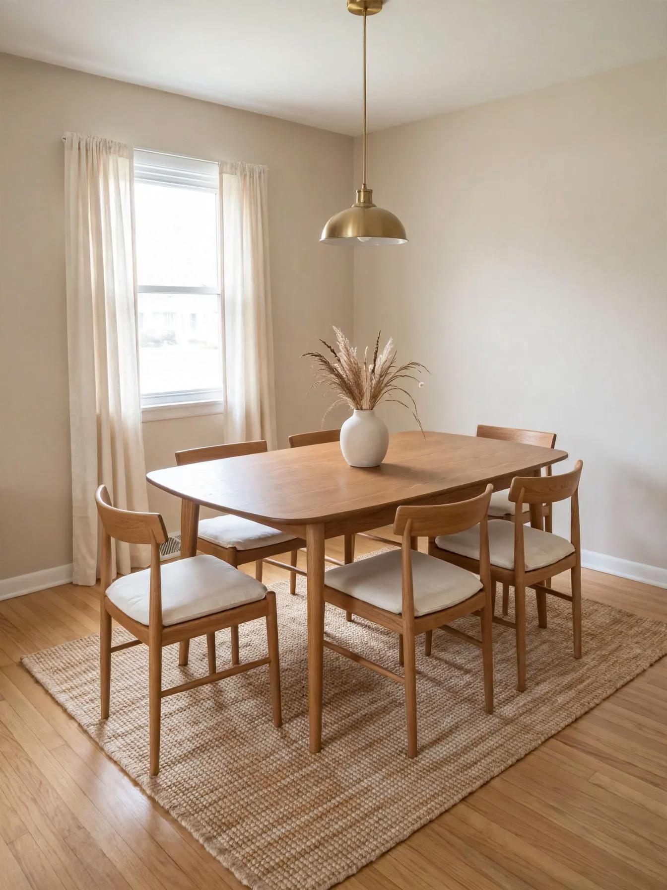 Japandi dining room after AI virtual staging by Renovaitor: Large single window framed by soft curtains in Warm Japandi dining