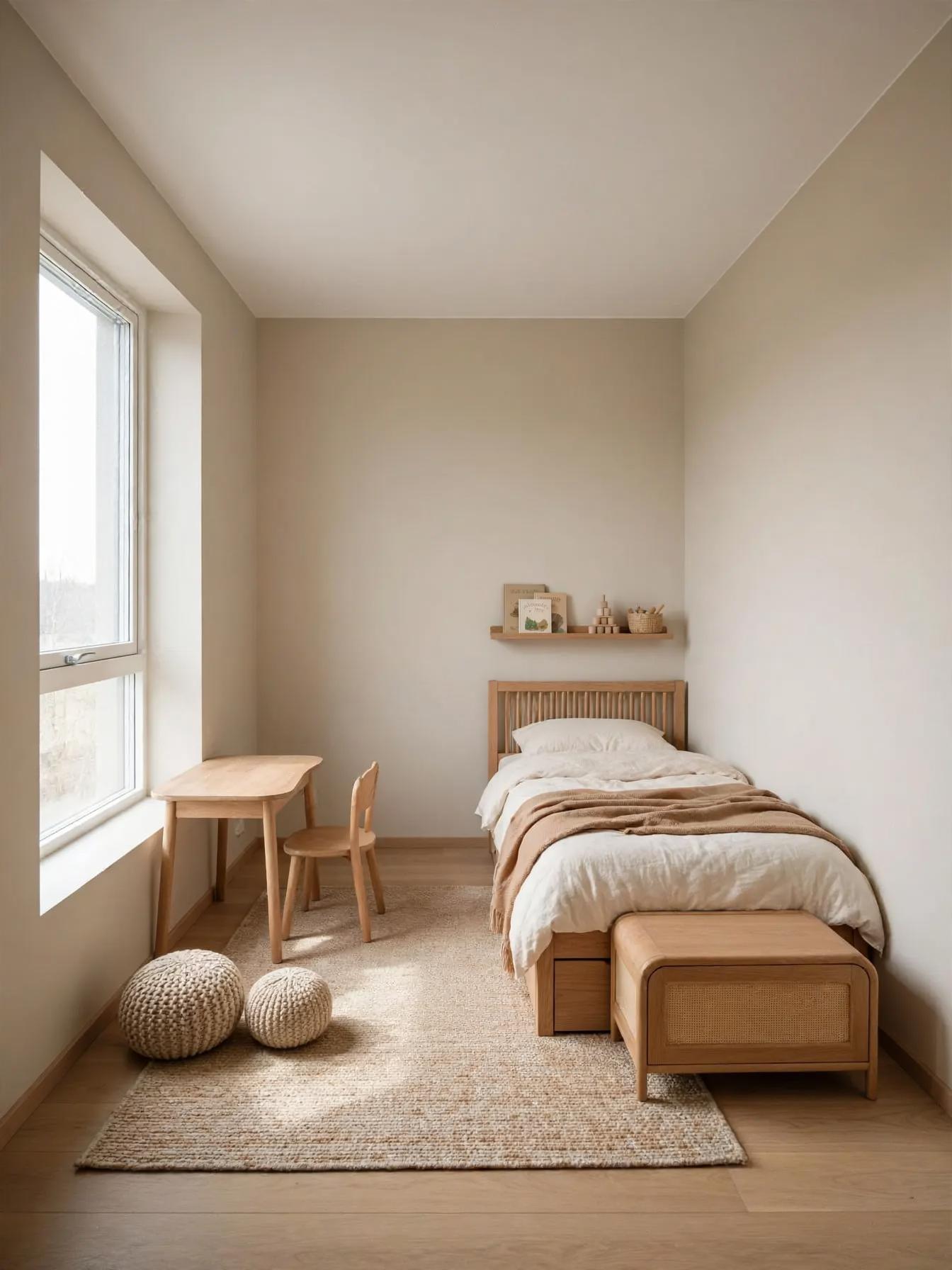 Japandi kids room after AI virtual staging by Renovaitor: Natural wood bed and woven rug anchor a compact kids room