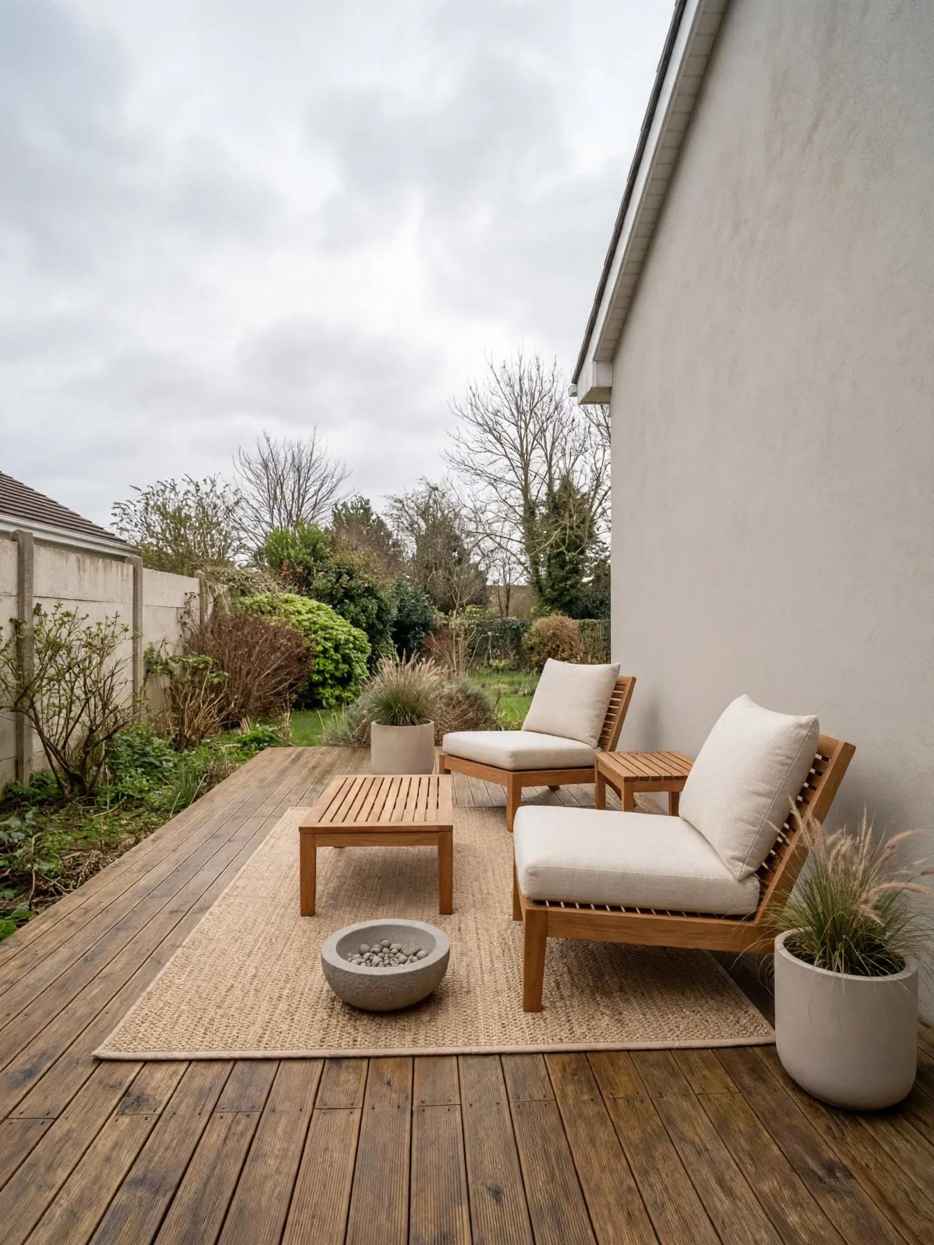 Narrow wooden deck dressed with two low teak lounge chairs with cream cushions, a slatted coffee table on a woven rug, concrete planters and a small round bowl.