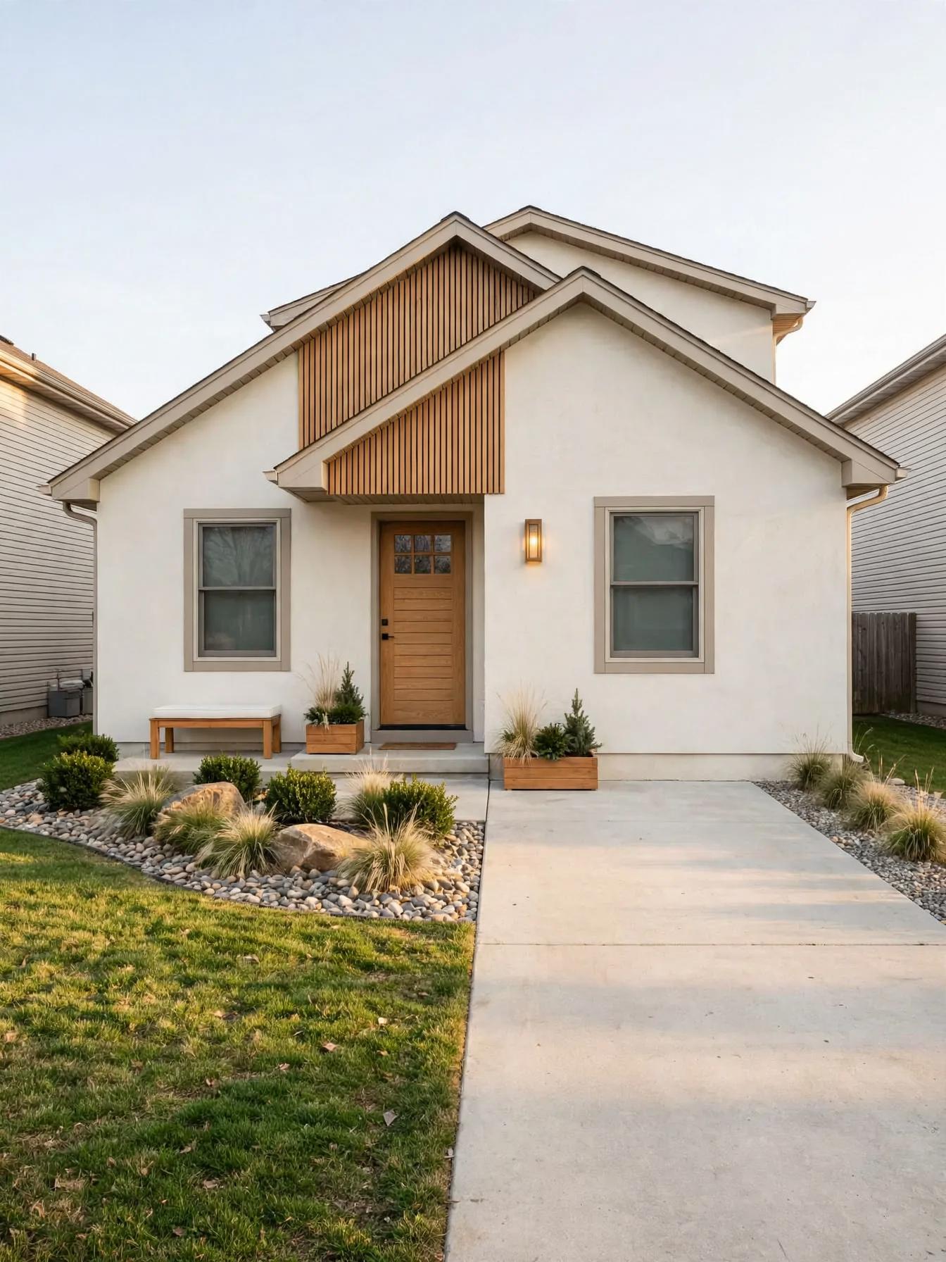 Same house with smooth light stucco, vertical wood slat accents on the gable and porch, wood front door, river-rock planting, grasses, wood planters, and a wall sconce.