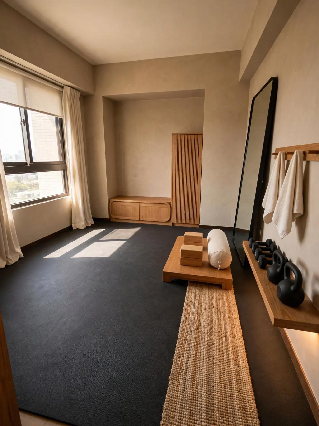 Japandi home gym after AI restyle by Renovaitor: Sunlit Japandi Home Gym with Low Wood Bench and Mirror