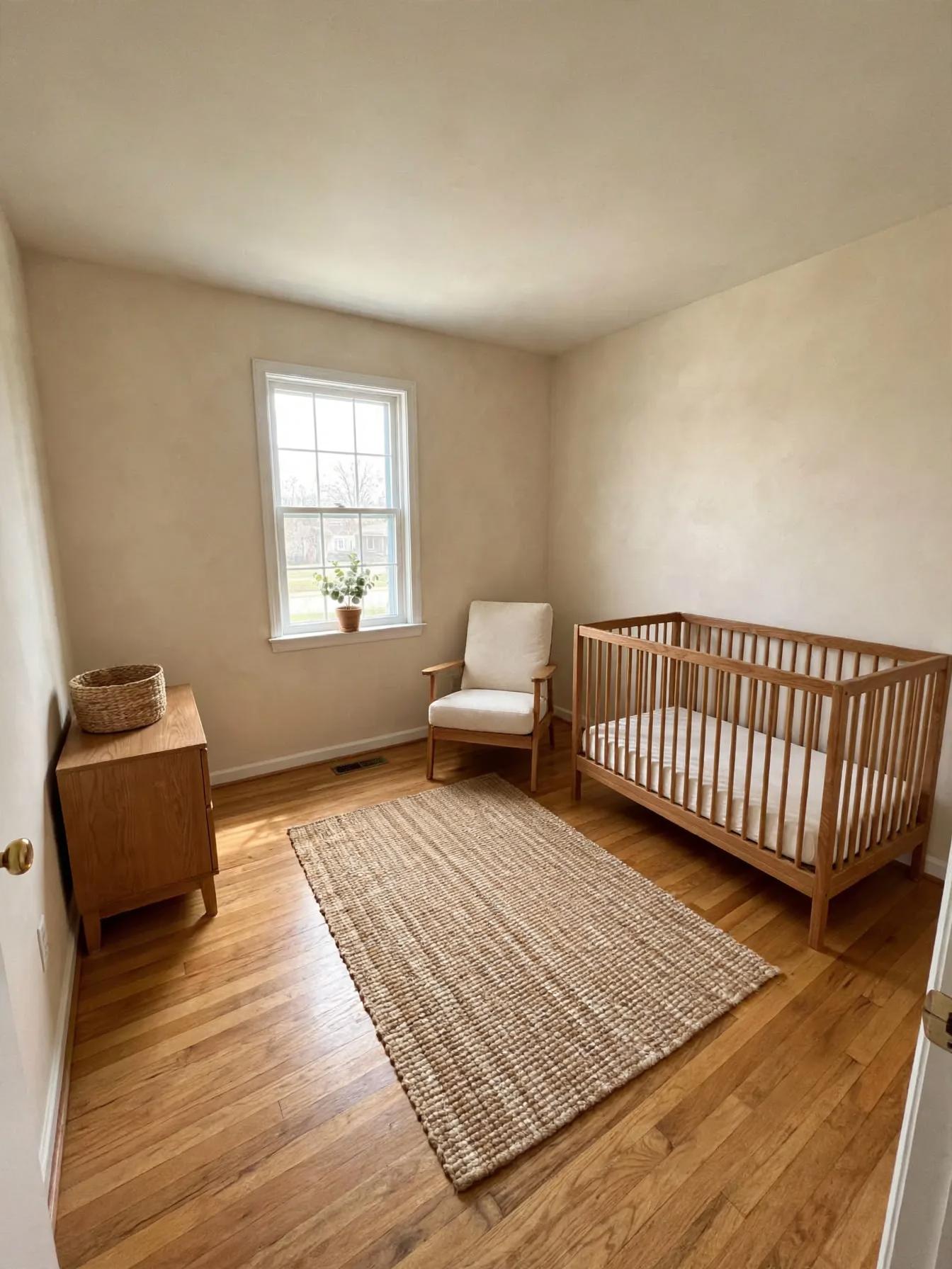 Nursery restyle with larger woven jute rug, oak crib, linen armchair next to crib, low oak dresser with basket and a potted plant on the windowsill