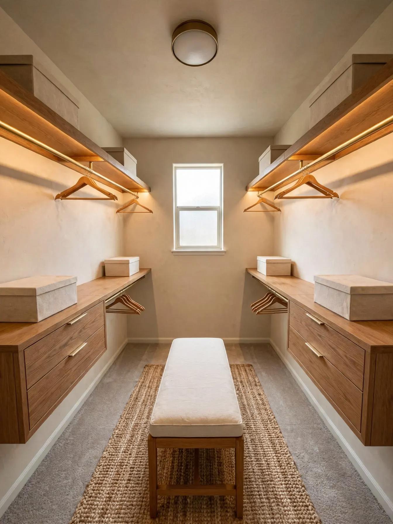 Japandi walk in closet after AI restyle by Renovaitor: Central window framed by warm wood Japandi walk-in closet