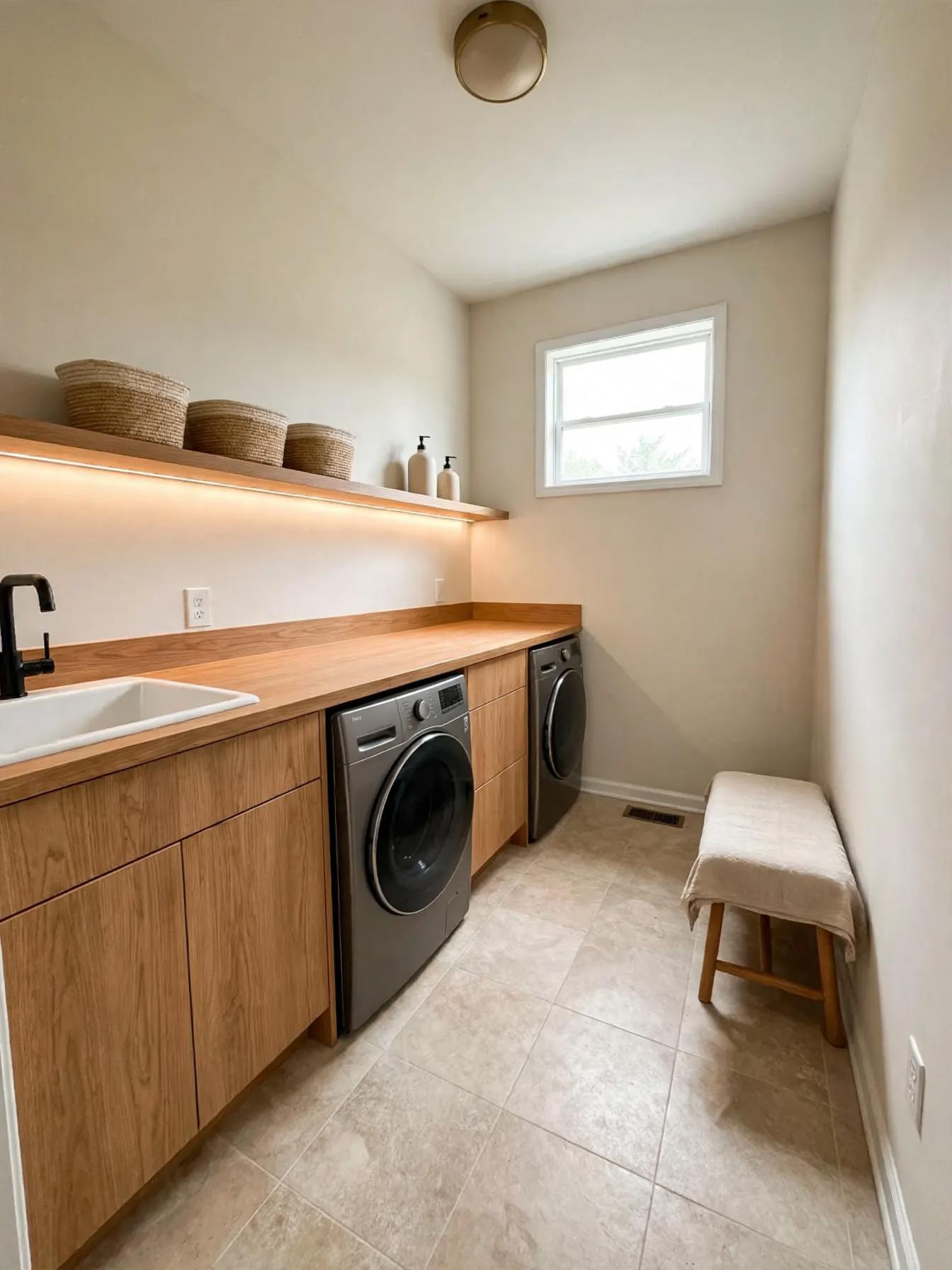 Same narrow laundry reimagined with continuous wood countertop, lower wood cabinets, front‑load machines, inset sink, shelf with baskets and a small bench