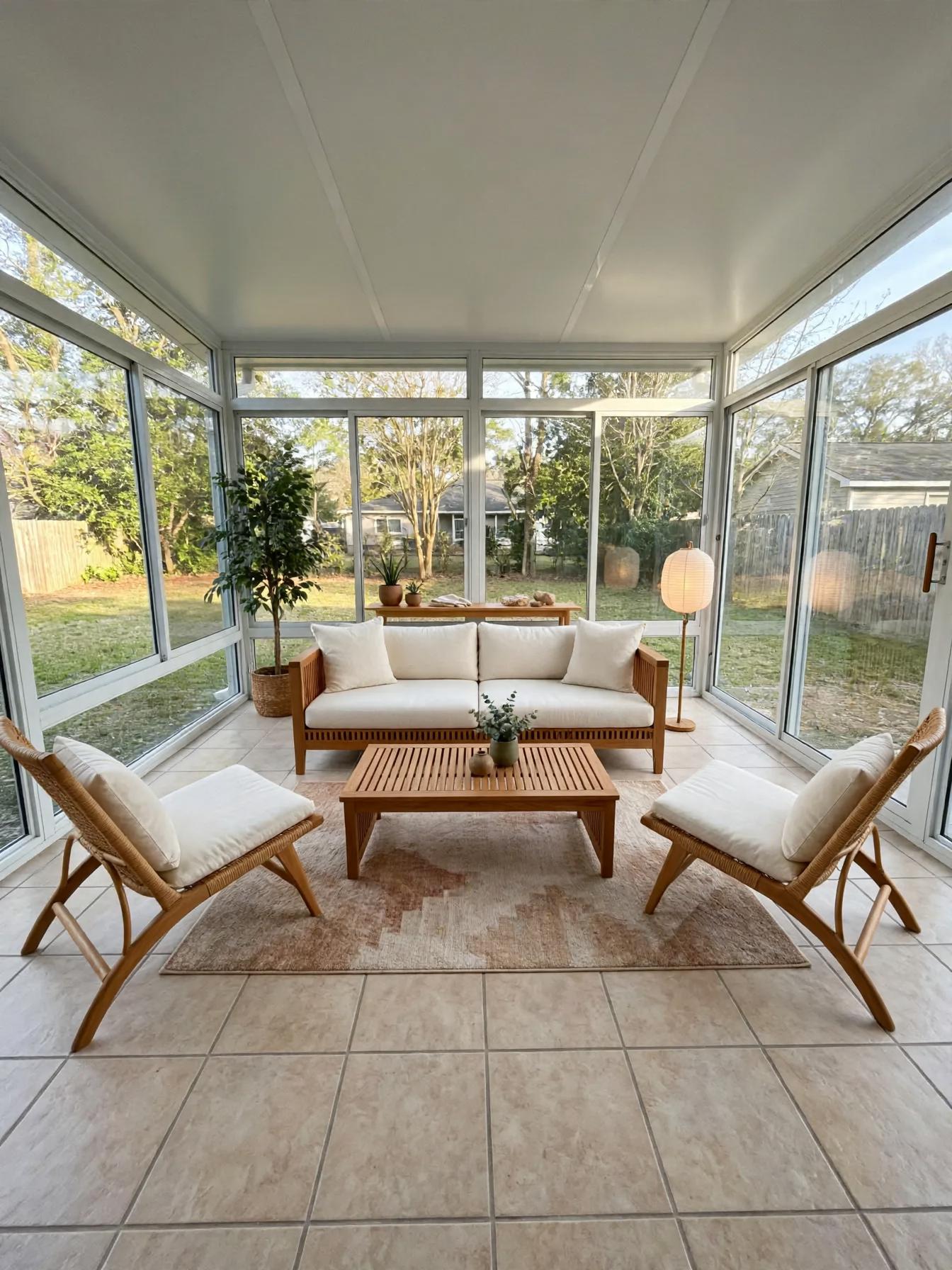 Japandi sunroom after AI restyle by Renovaitor: Floor-to-Ceiling Glass Sunroom with Japandi Seating Arrangement