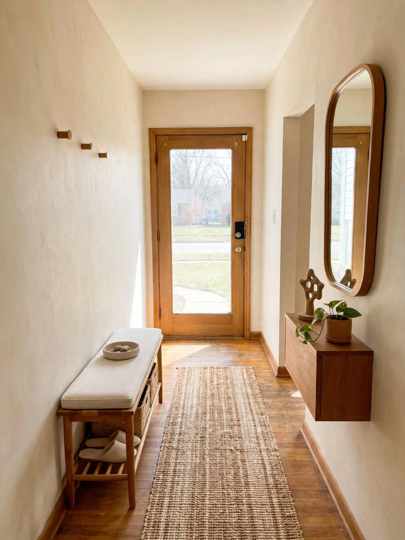 Same narrow entryway fitted with a cushioned wooden bench and baskets, jute runner, three wall hooks, floating wood console, oval mirror and small plant.
