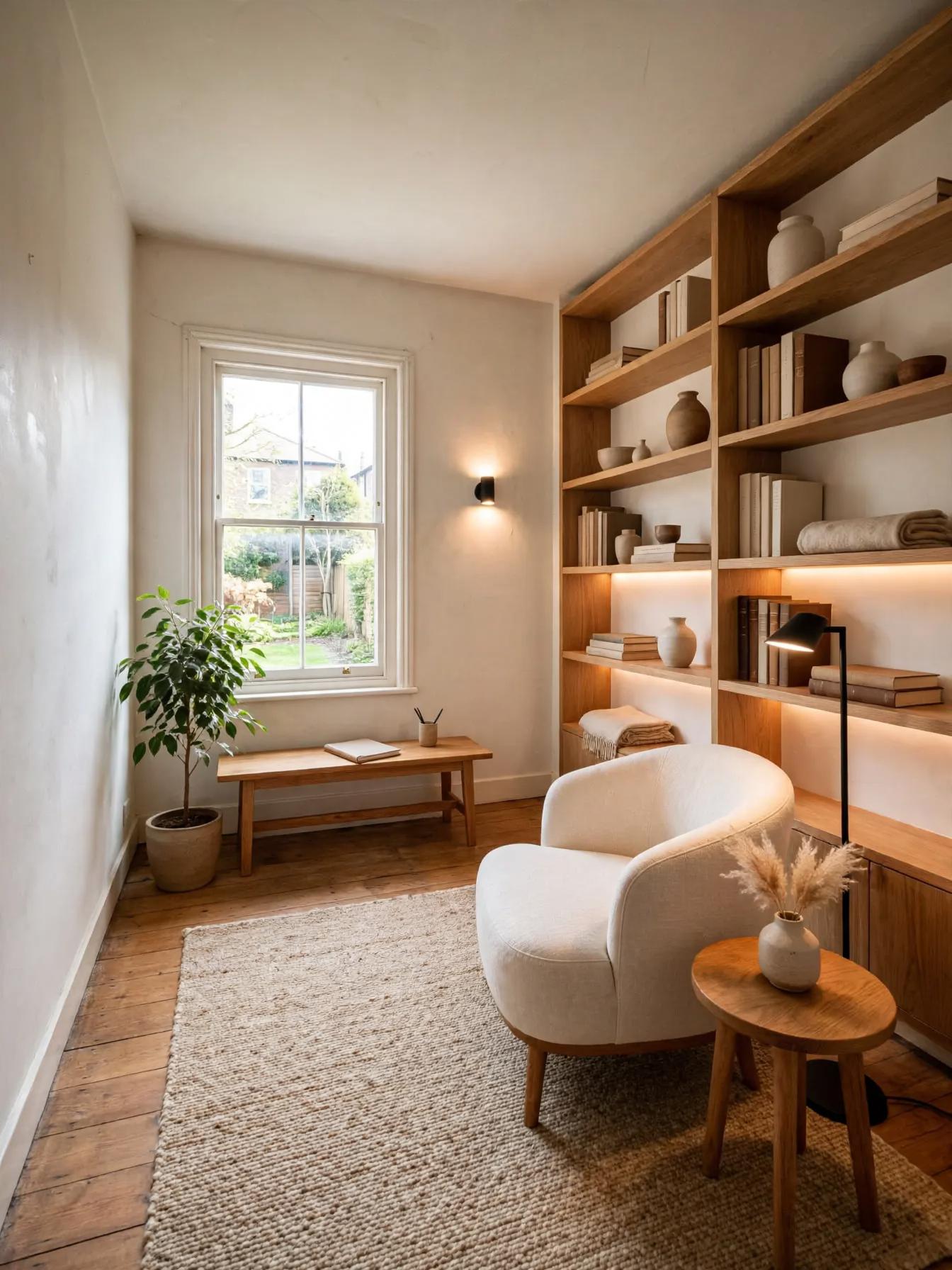 Japandi home office after AI restyle by Renovaitor: Built-in oak shelving frames a cozy reading nook by the window