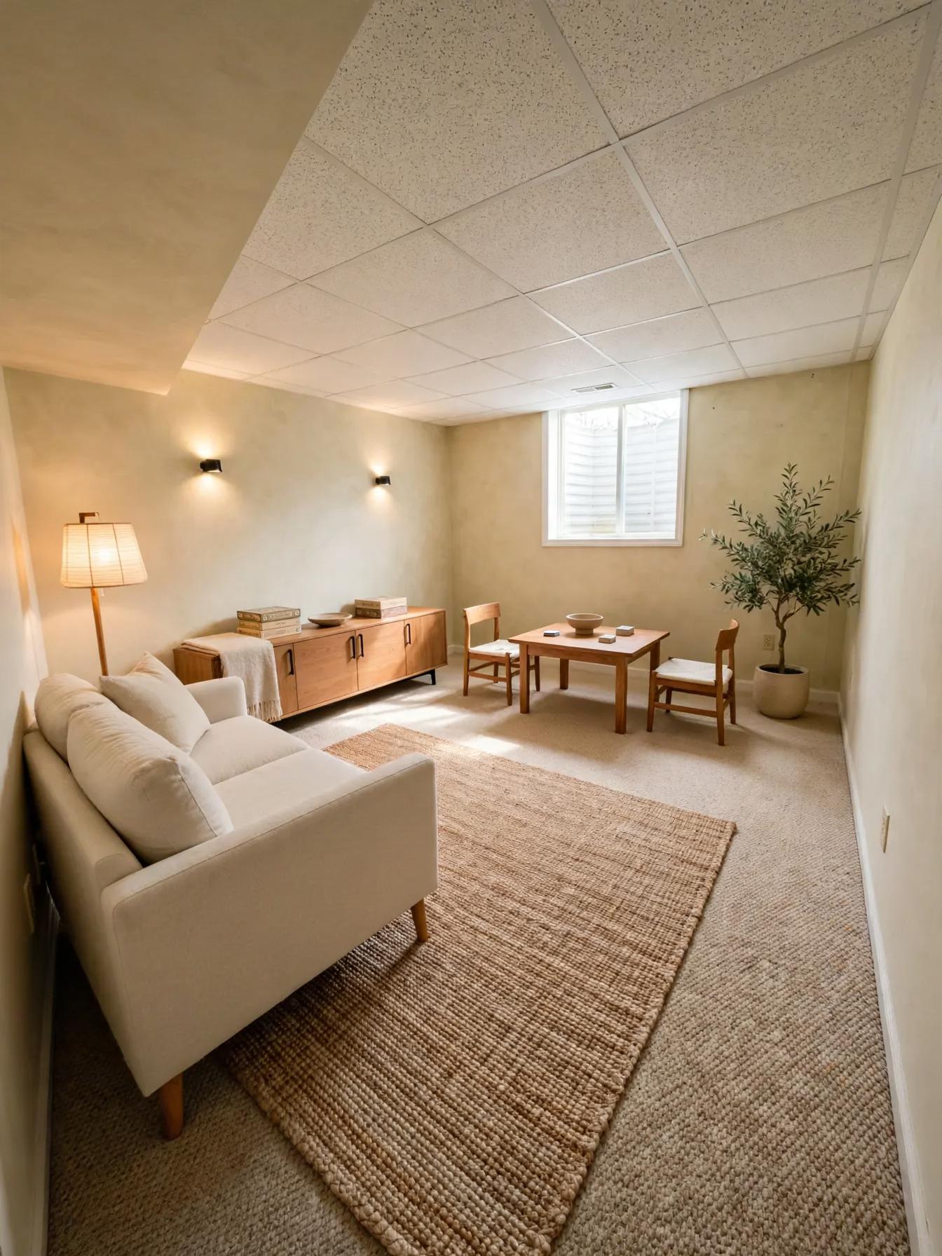 Same basement arranged as a warm Japandi game/sitting room with a light sofa, low wood credenza, small table and chairs, woven rug, wall sconces and a potted plant.