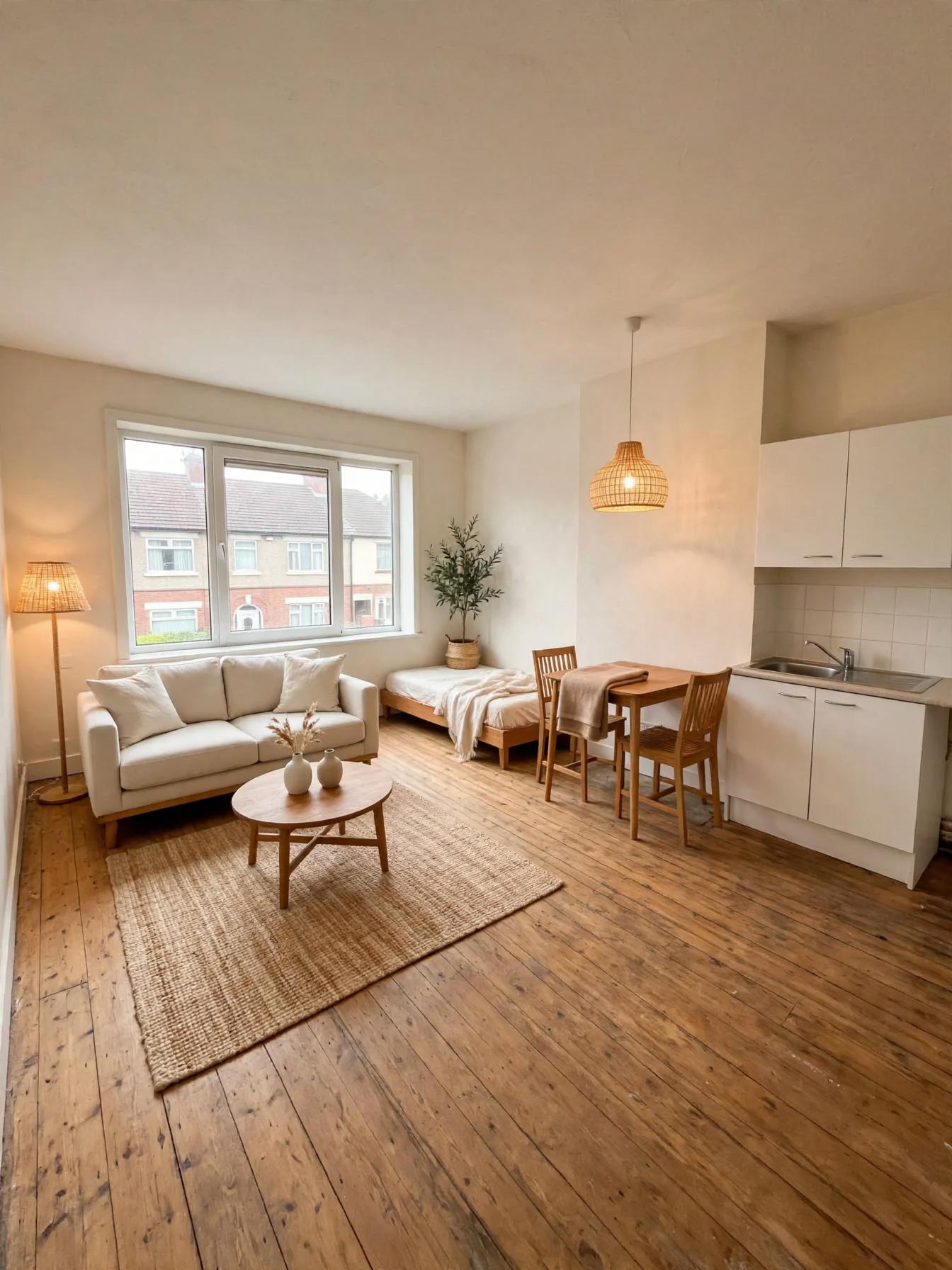 Studio with low beige sofa under the window, round wooden coffee table, jute rug, rattan pendant and small wooden dining set beside kitchenette