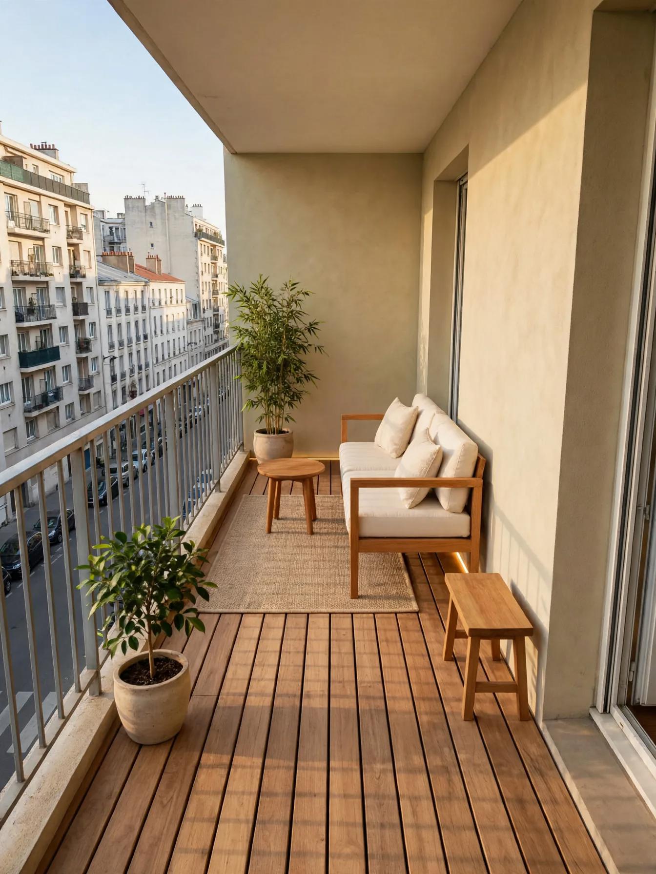 Japandi outdoor after AI restyle by Renovaitor: Narrow balcony turned into a Japandi seating nook with slatted deck