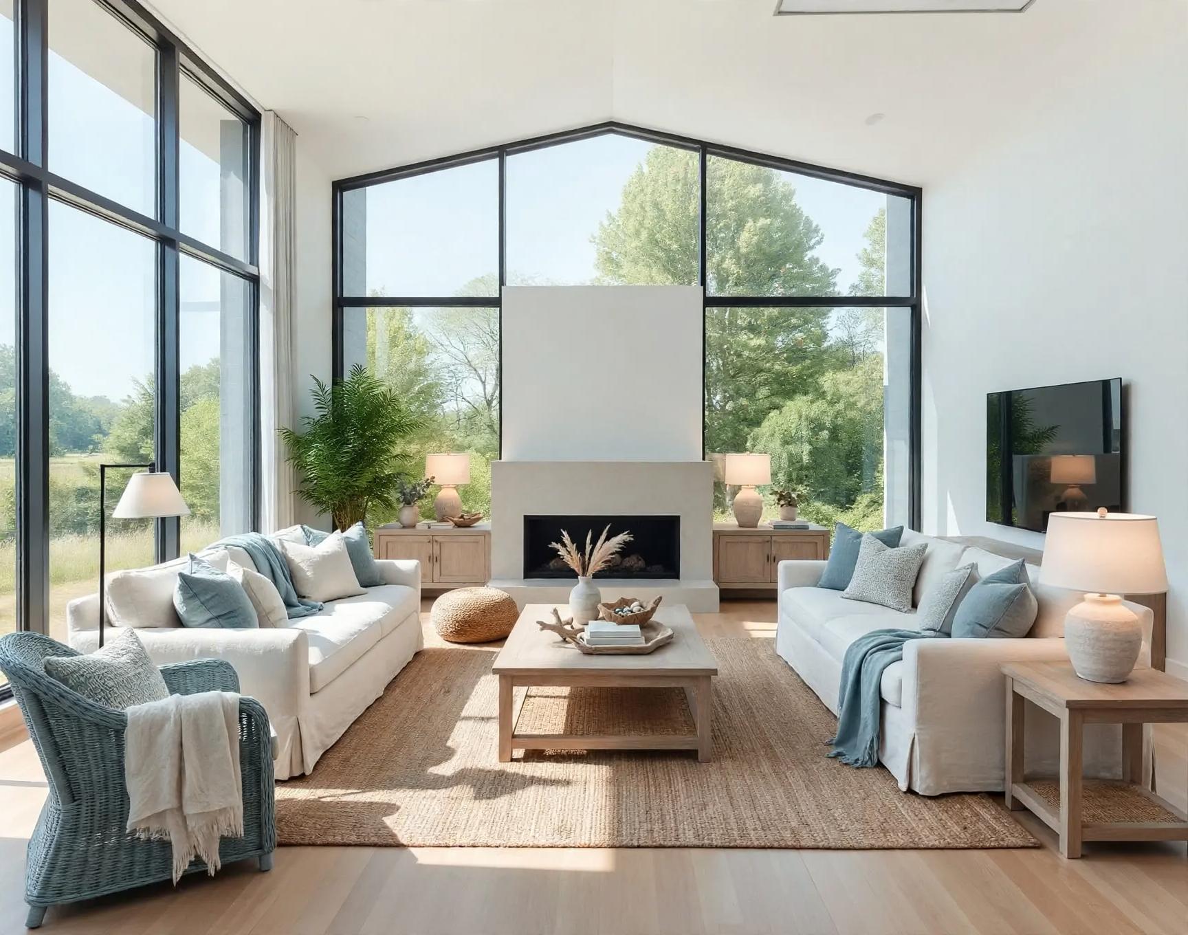 Coastal living room after AI restyle by Renovaitor: Vaulted Window Framed Living Room with Coastal Textures