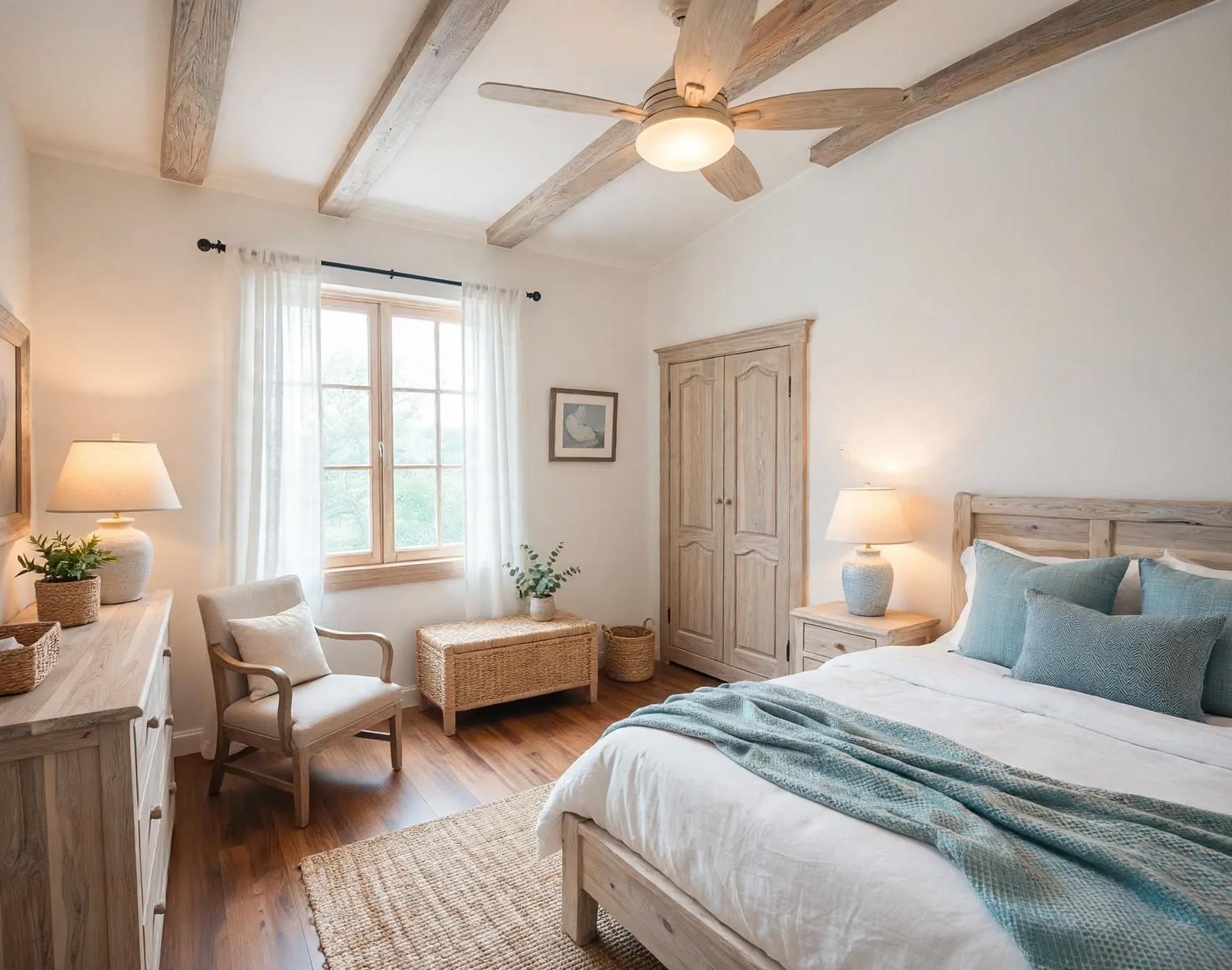Coastal bedroom after AI restyle by Renovaitor: Lightwashed coastal bedroom with pale beams and sea-glass accents