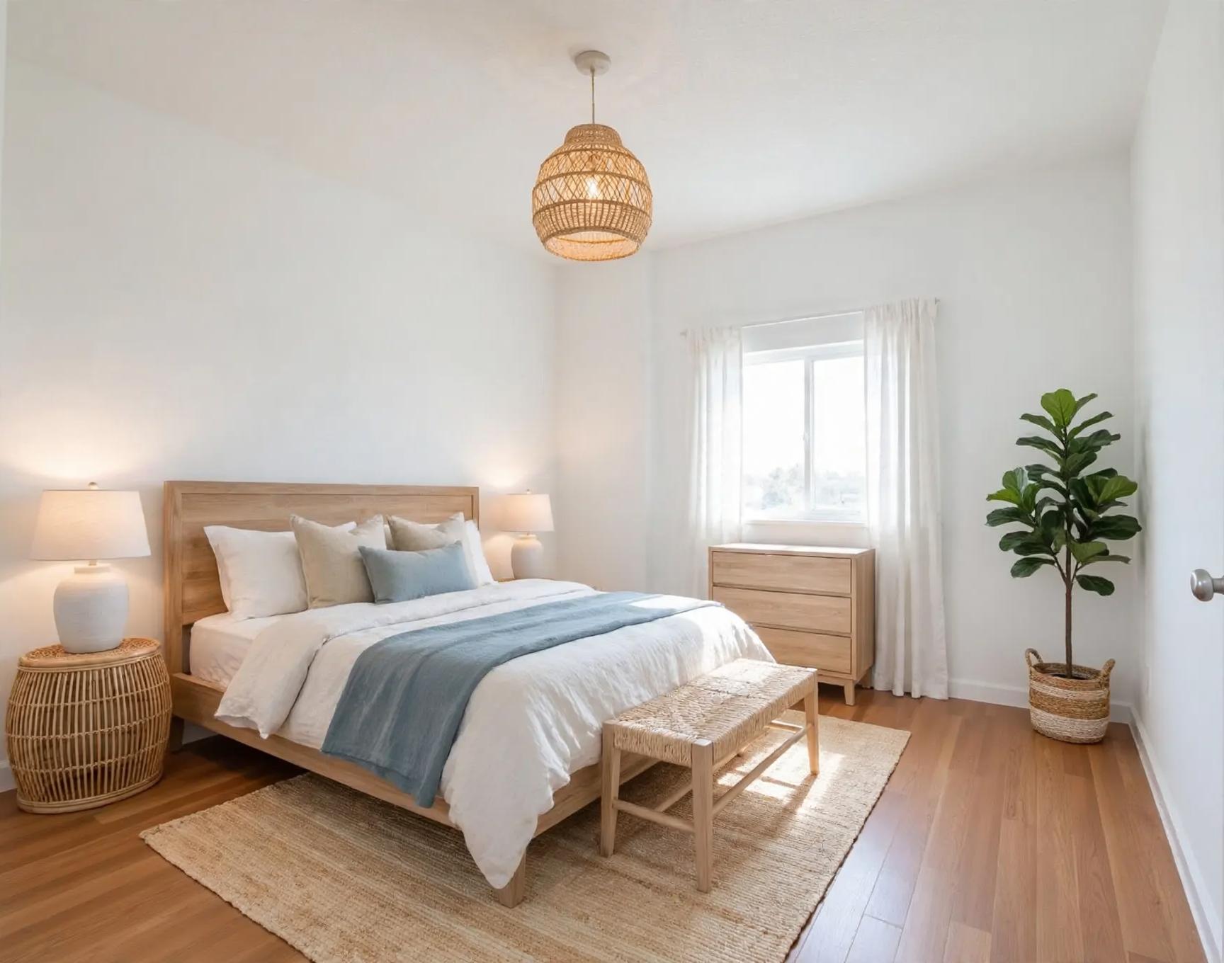 Coastal bedroom concept with low wood bed, blue throw, rattan pendant, jute rug, dresser under window and potted plant.