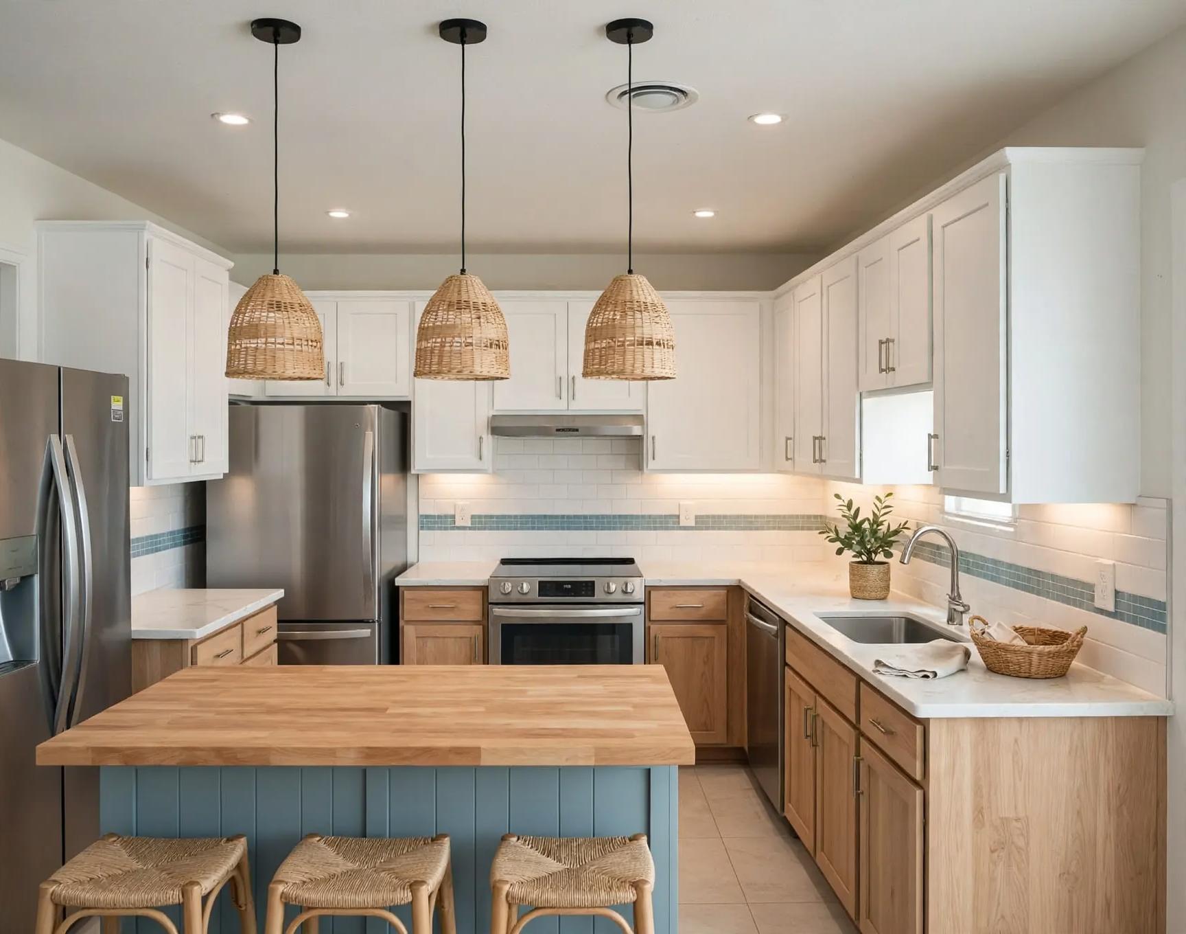 Coastal kitchen with white upper cabinets, wood lower cabinets, butcher-block island, blue tile accent band, wicker pendant lights and stainless appliances
