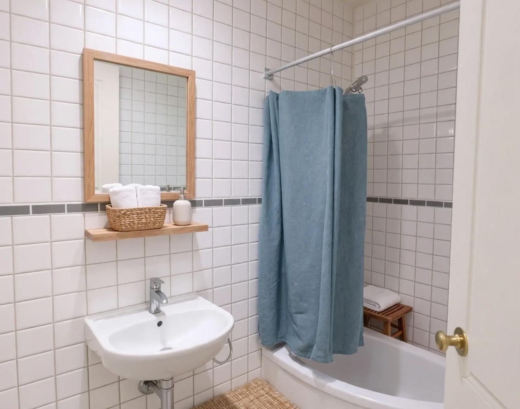 Coastal bathroom after AI virtual staging by Renovaitor: Light-blue shower curtain and wicker accents in tiled bathroom