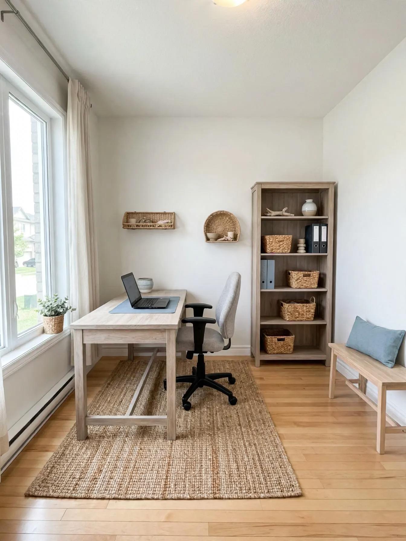 Coastal home office after AI virtual staging by Renovaitor: Large window, woven rug and coastal-toned desk vignette