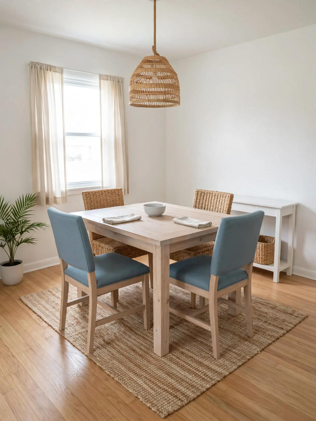 Coastal dining room after AI virtual staging by Renovaitor: Woven Pendant and Sea‑Blue Chairs Anchor a Coastal Dining Scene