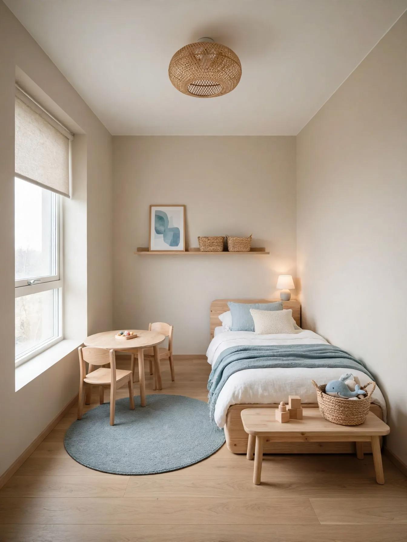 Coastal kids room after AI virtual staging by Renovaitor: Tall window framed coastal kids-room with soft blue accents