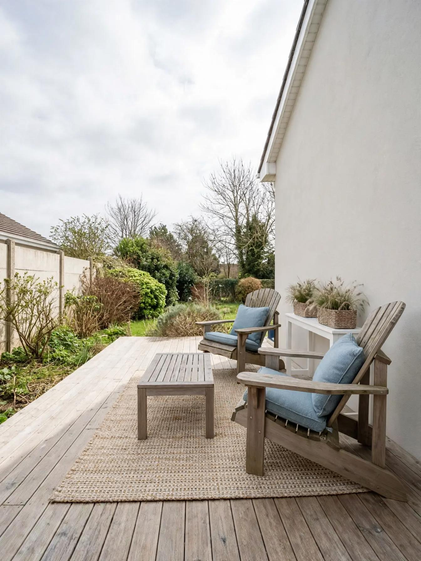Coastal outdoor after AI virtual staging by Renovaitor: Weathered Deck with Coastal Blue Cushions and Natural Rug