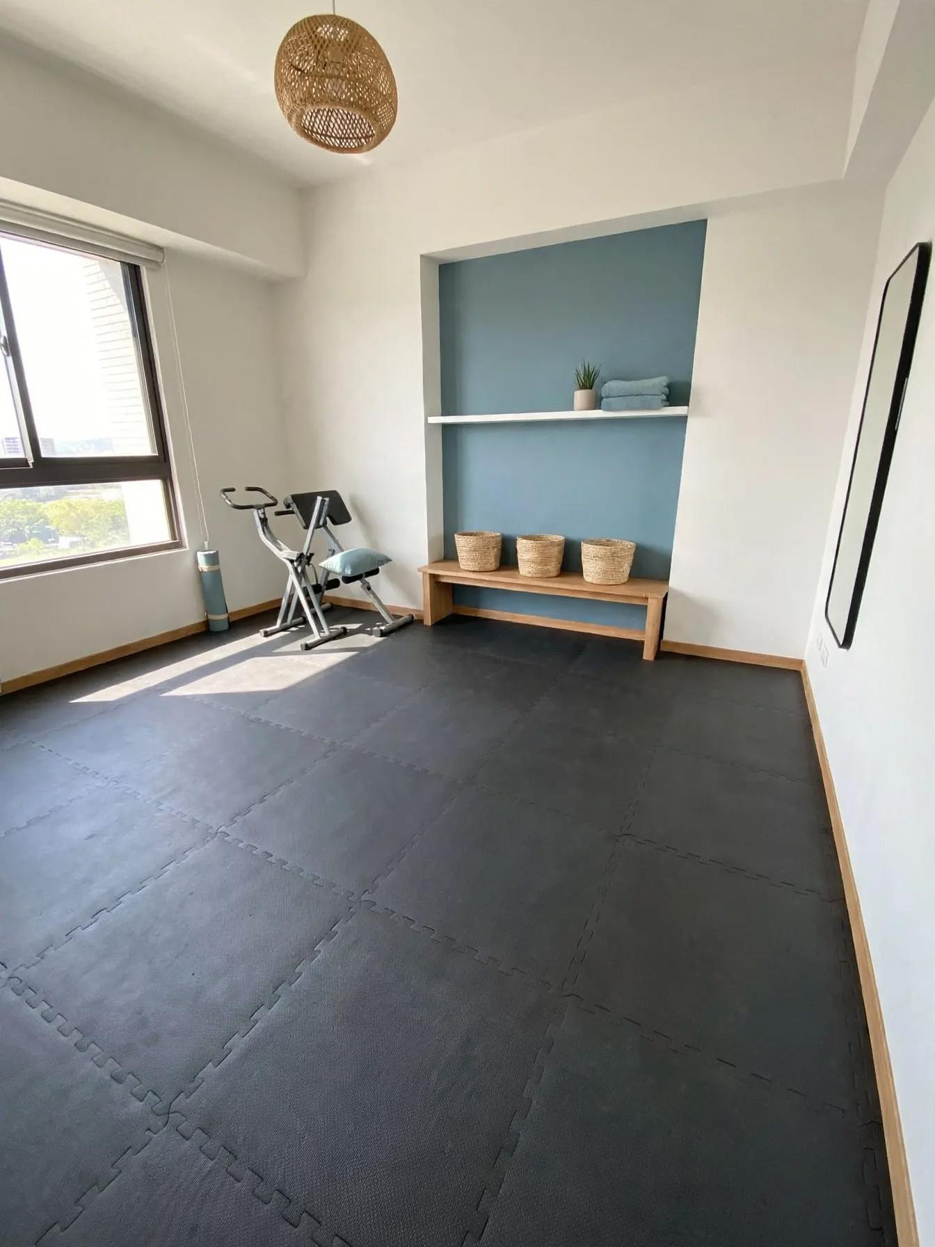 Coastal home gym after AI virtual staging by Renovaitor: Built-in niche painted soft blue anchors a coastal home gym