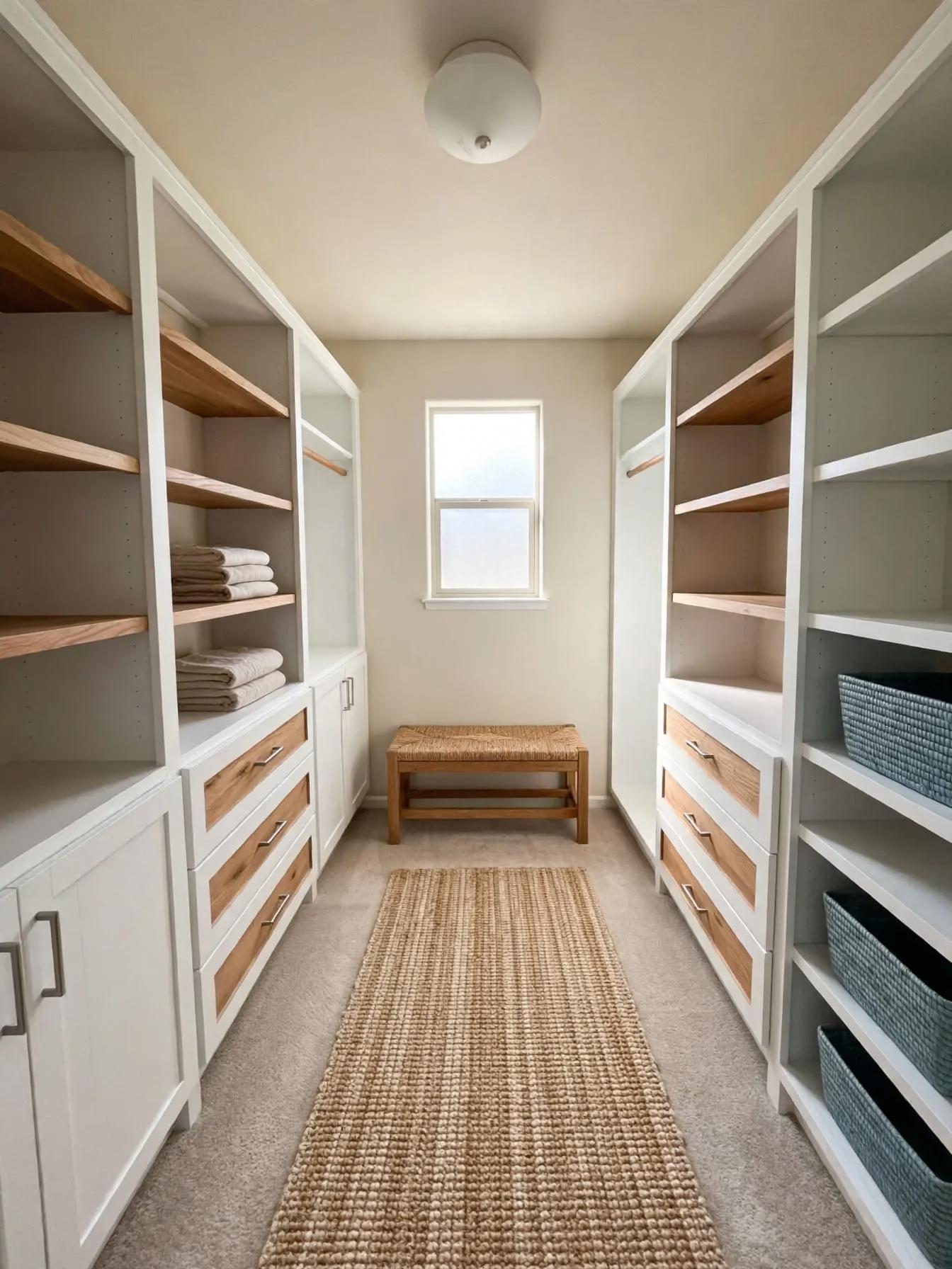 Coastal walk in closet after AI virtual staging by Renovaitor: Narrow Coastal Walk-in Closet with Natural Wood Accents