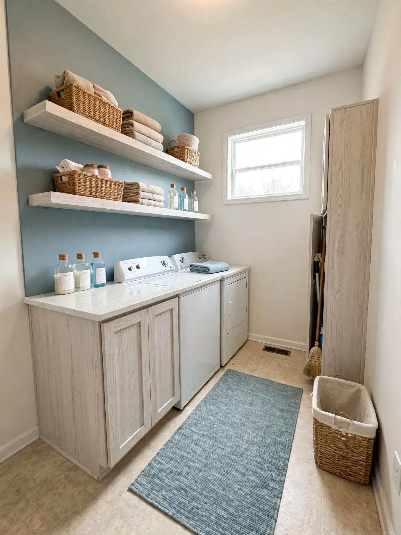 Coastal laundry room after AI virtual staging by Renovaitor: Blue accent wall with floating shelves in laundry room
