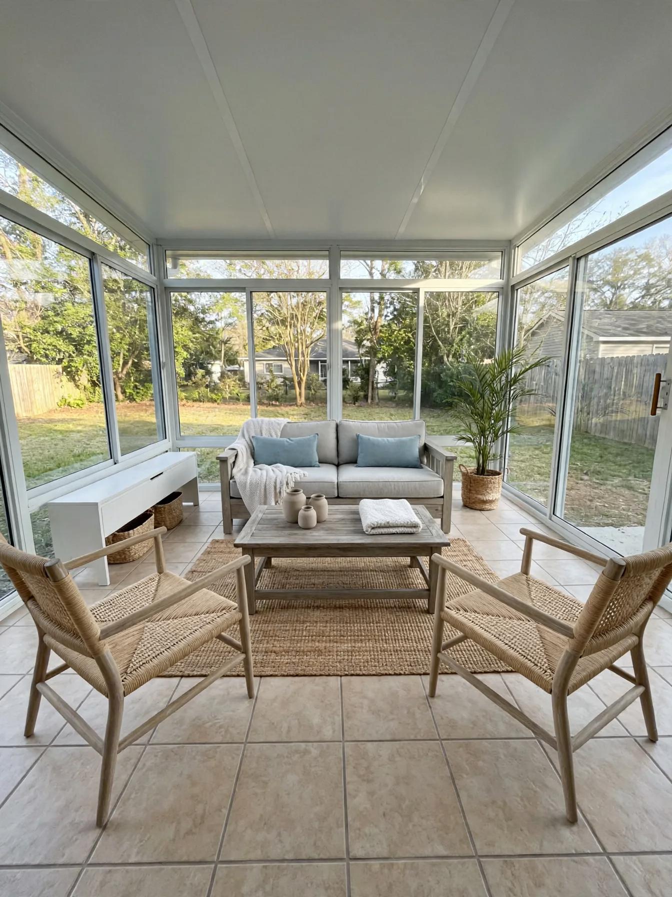 Coastal sunroom after AI virtual staging by Renovaitor: Light-filled tiled sunroom staged with coastal rattan seating