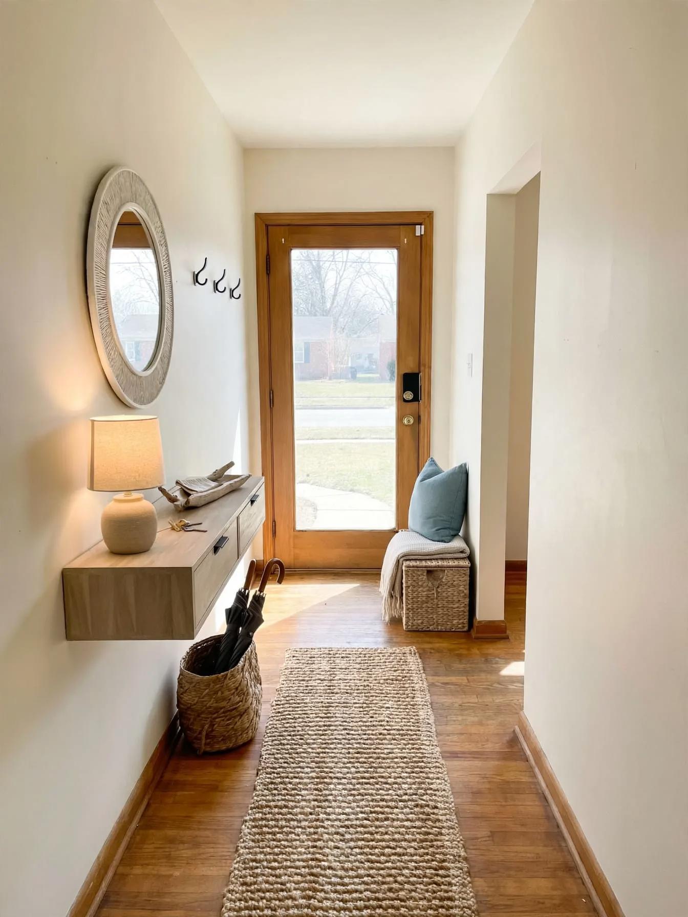 Coastal entryway after AI virtual staging by Renovaitor: Slim glass-panel wood door anchors a coastal-styled entryway