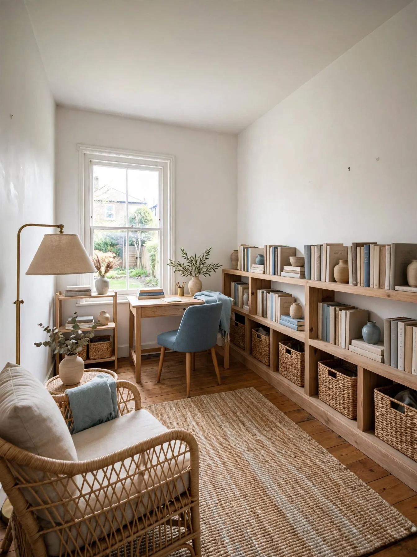 Coastal living room after AI virtual staging by Renovaitor: Tall sash window framed by woven shelves and coastal accents