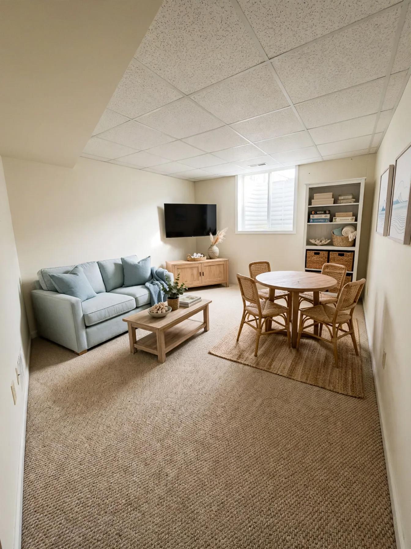 Coastal basement after AI virtual staging by Renovaitor: Daylight egress window anchors cozy coastal basement game room