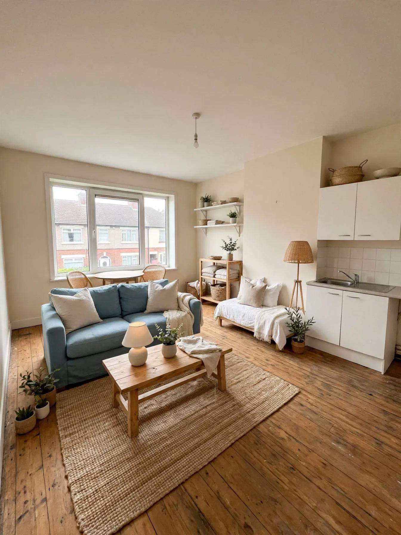 Staged coastal living area with blue sofa, jute rug, wooden coffee table, shelving and plants beside the kitchenette