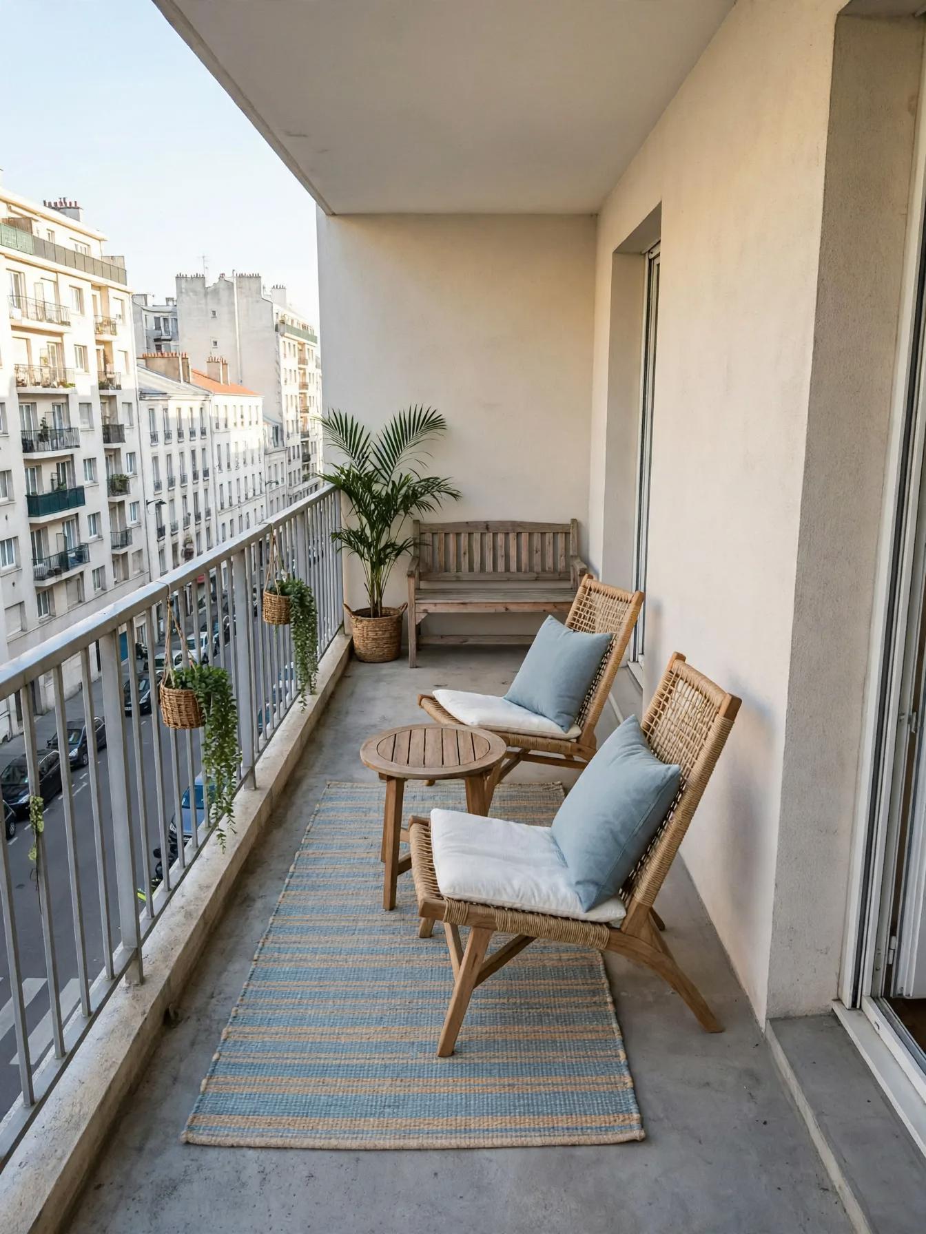 Coastal outdoor after AI virtual staging by Renovaitor: Narrow Parisian Balcony with Coastal Seating and Rug