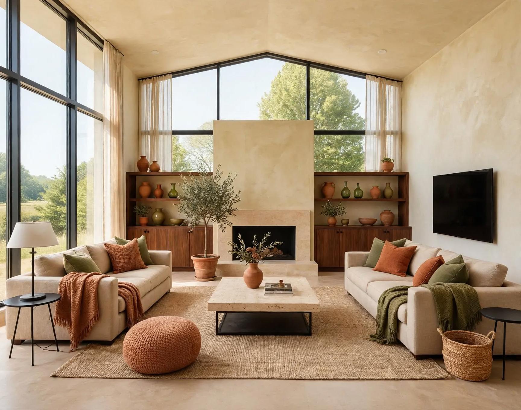 Mediterranean living room after AI restyle by Renovaitor: Tall arched window frames a fireplace with terracotta accents