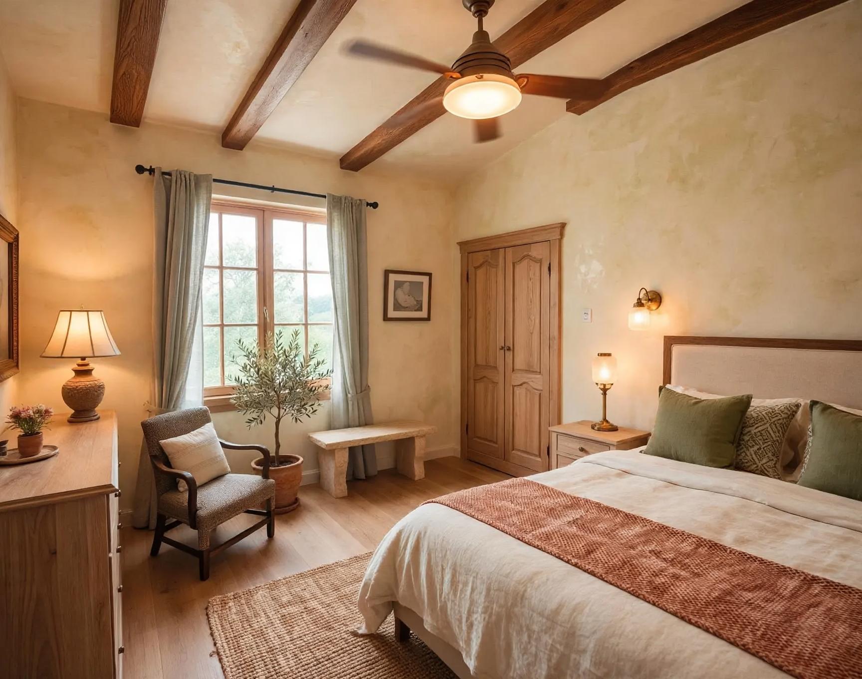 Same bedroom with textured plaster walls, linen-upholstered headboard, jute rug, stone bench, potted olive and lighter wood tones
